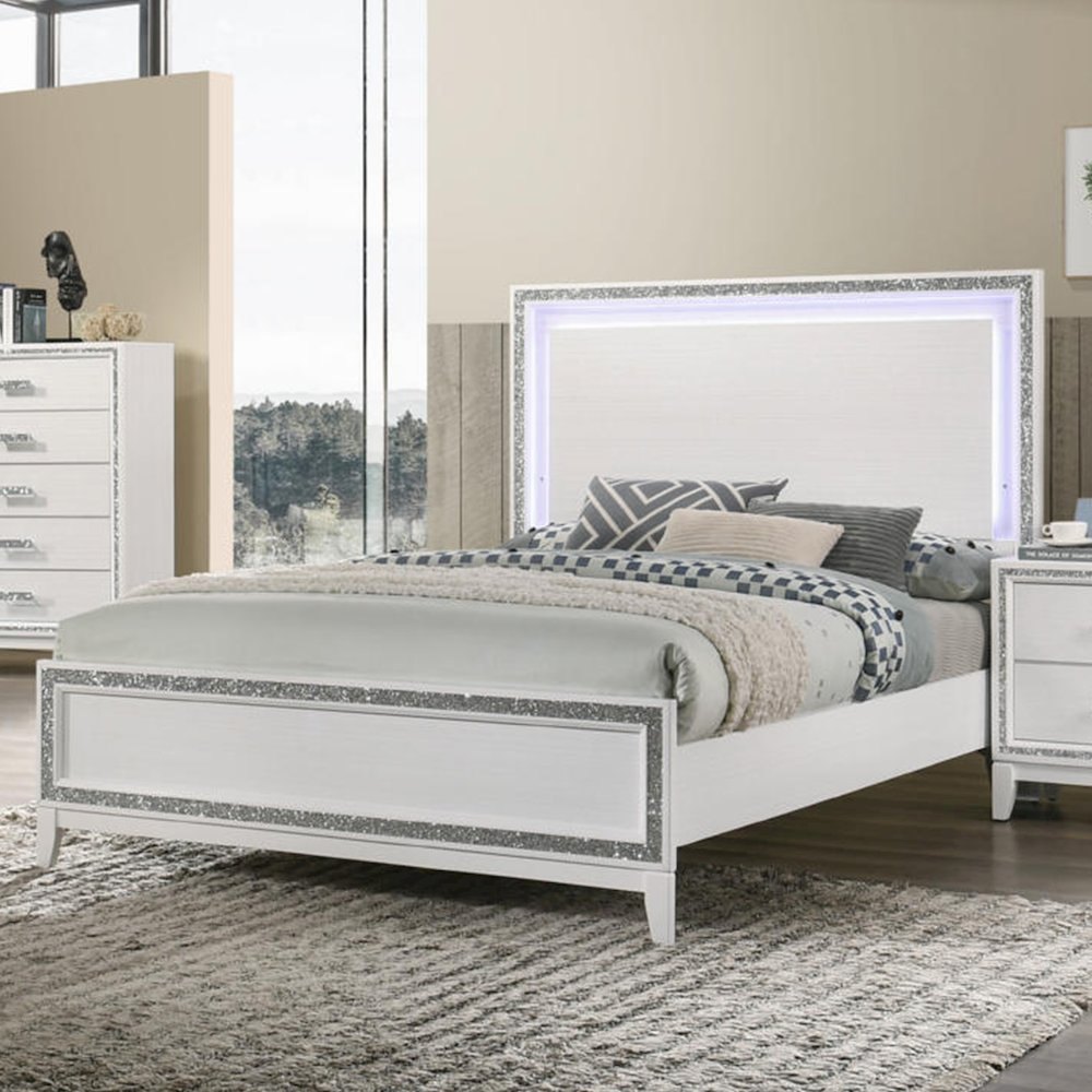 Wood Queen Bed with LED Light in White Finish