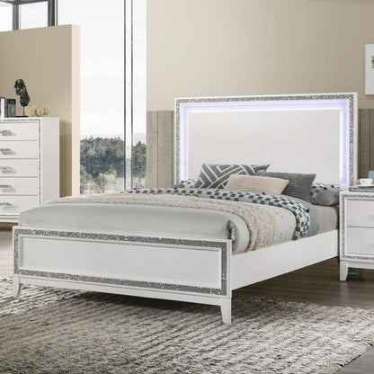 Wood Queen Bed with LED Light in White Finish
