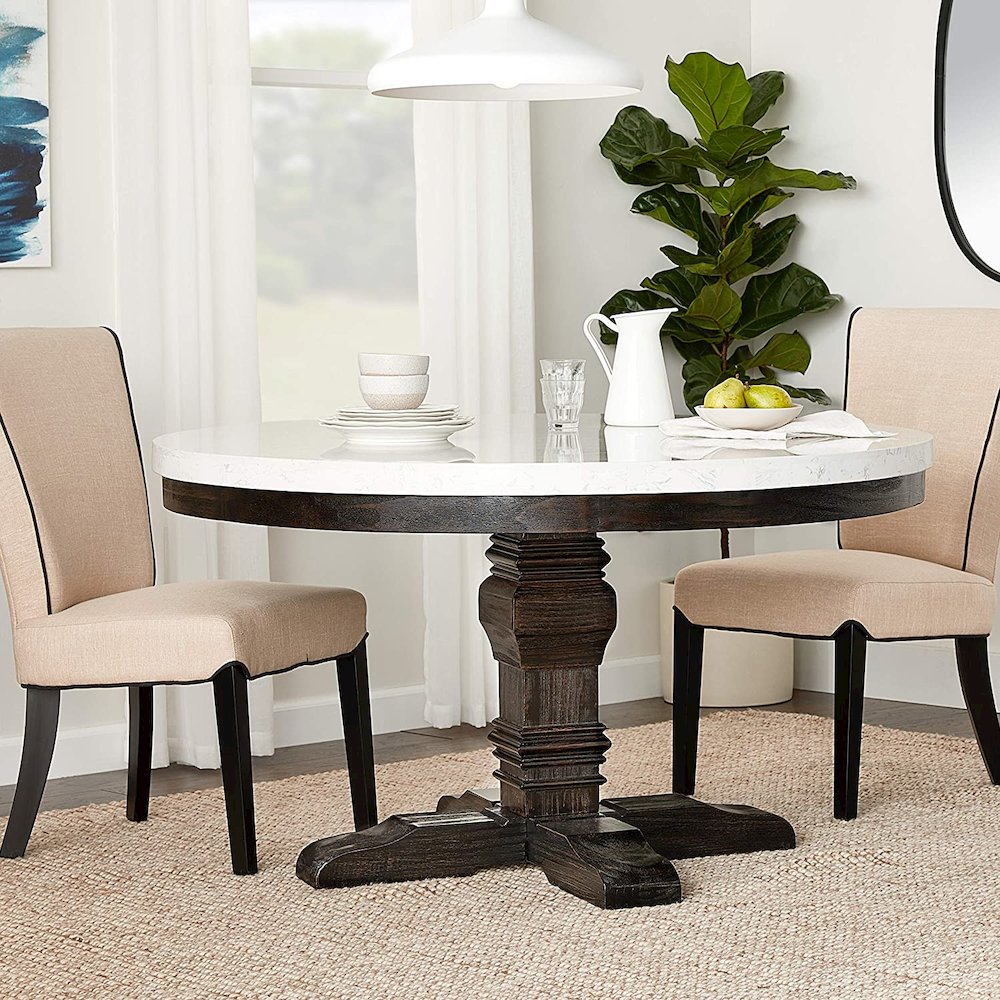Round Marble Top Dining Table in White and Salvage Dark Oak