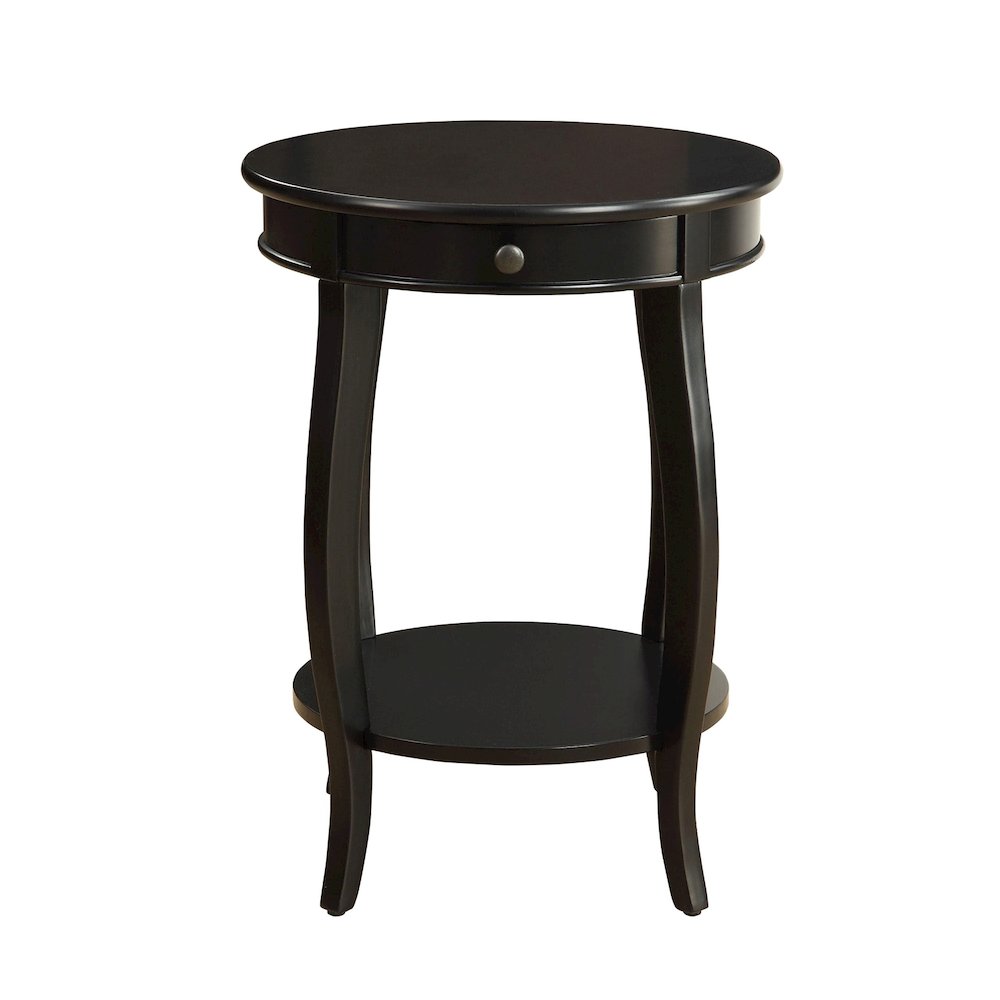 Wooden Round End Table with Bottom Shelf in Black