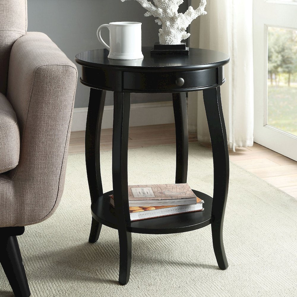 Wooden Round End Table with Bottom Shelf in Black