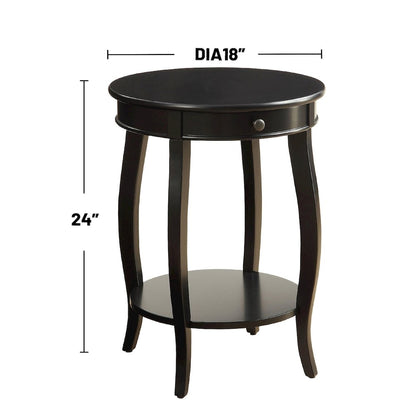 Wooden Round End Table with Bottom Shelf in Black