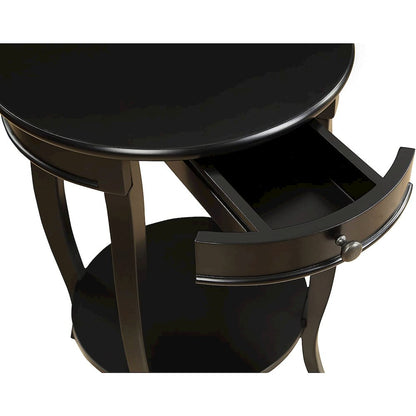 Wooden Round End Table with Bottom Shelf in Black