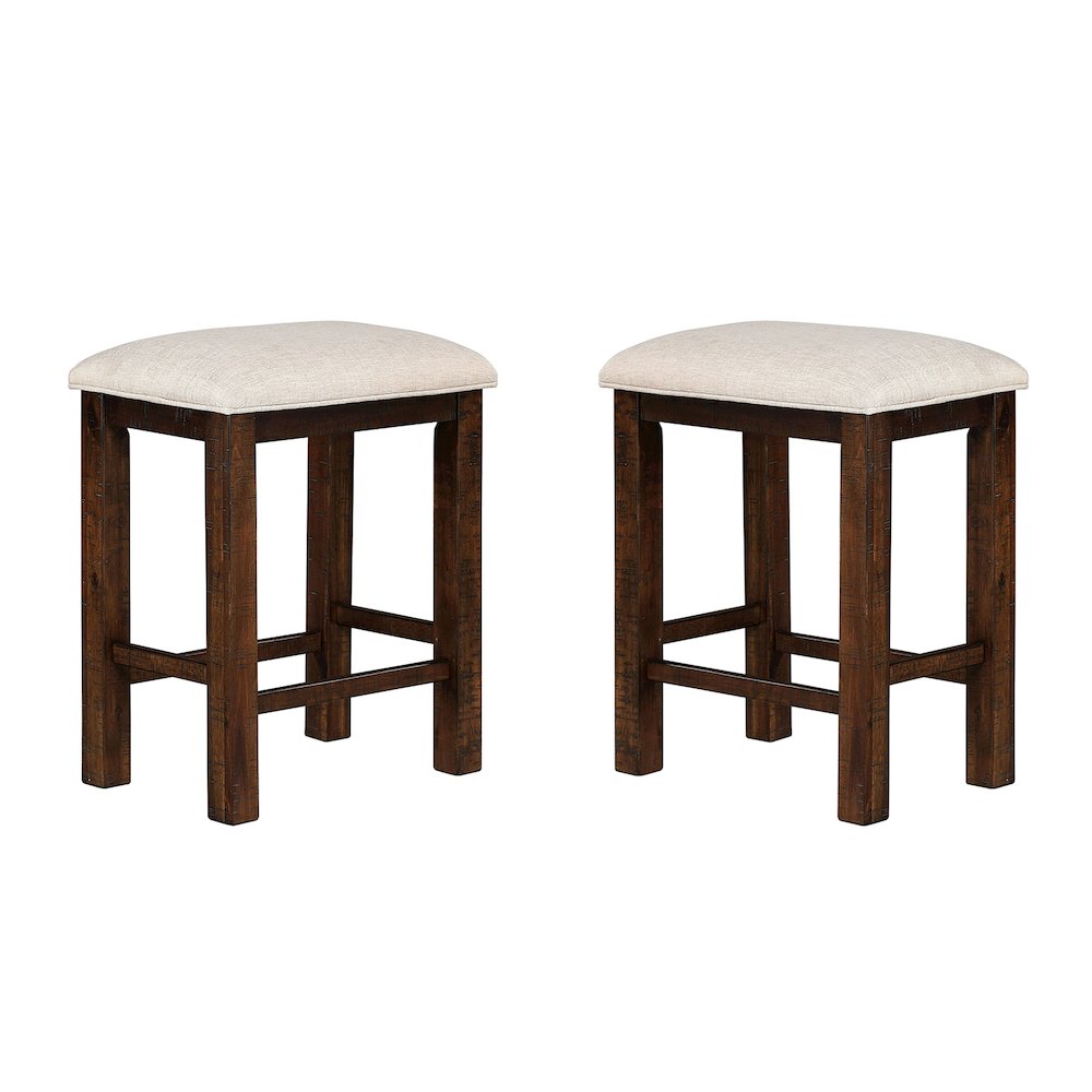 Set of 2 Upholstered Stools in Rustic Oak and Beige Finish