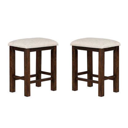 Set of 2 Upholstered Stools in Rustic Oak and Beige Finish