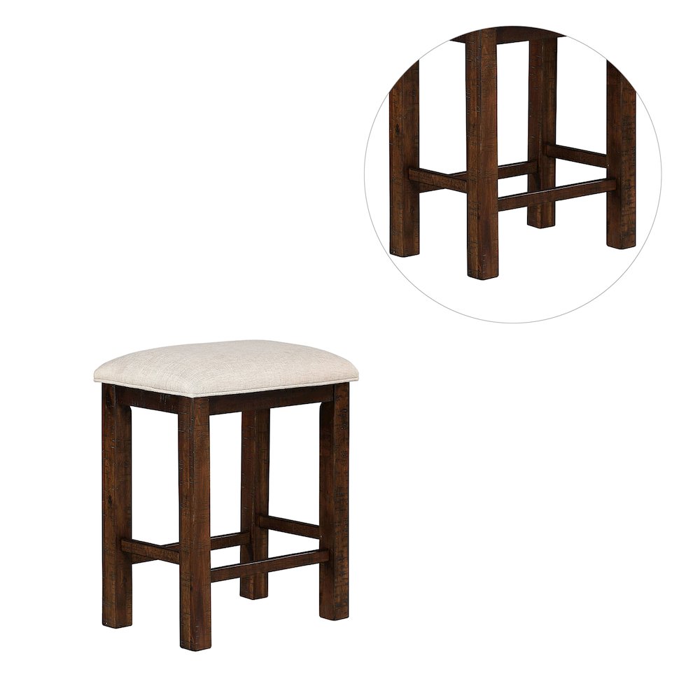 Set of 2 Upholstered Stools in Rustic Oak and Beige Finish