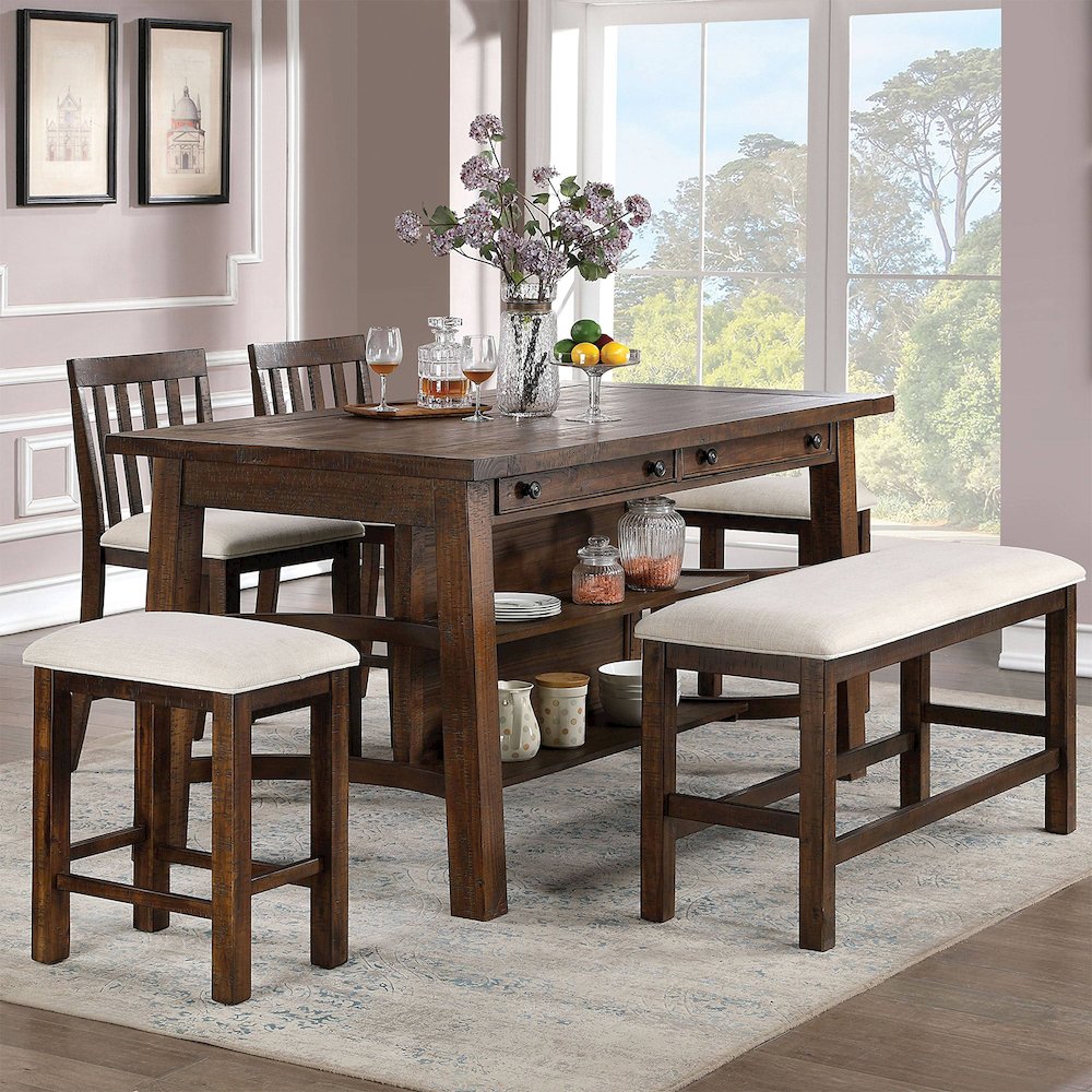 Set of 2 Upholstered Stools in Rustic Oak and Beige Finish