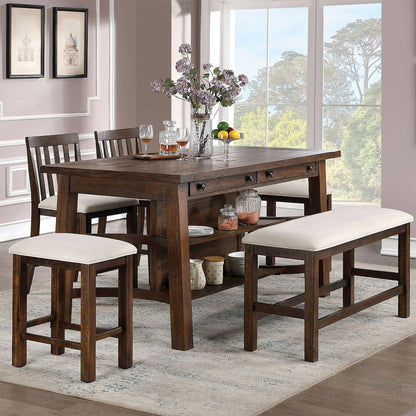 Set of 2 Upholstered Stools in Rustic Oak and Beige Finish