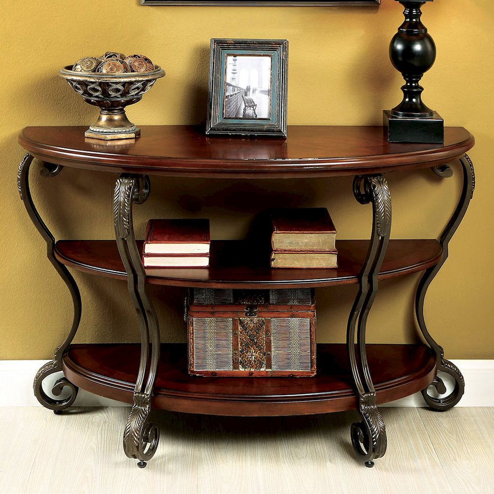 Wooden Sofa Table With Metal Frame in Brown Cherry Finish