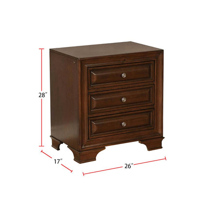 3 Drawers Nightstand in Brown Cherry Finish