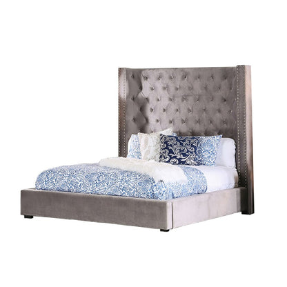 Velvet-like Fabric Queen Bed with Wingback Headboard in Gray