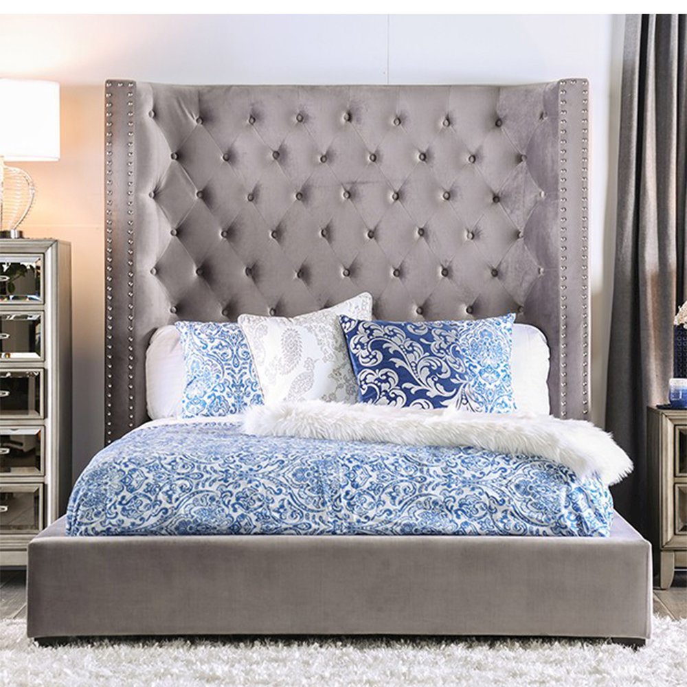 Velvet-like Fabric Queen Bed with Wingback Headboard in Gray