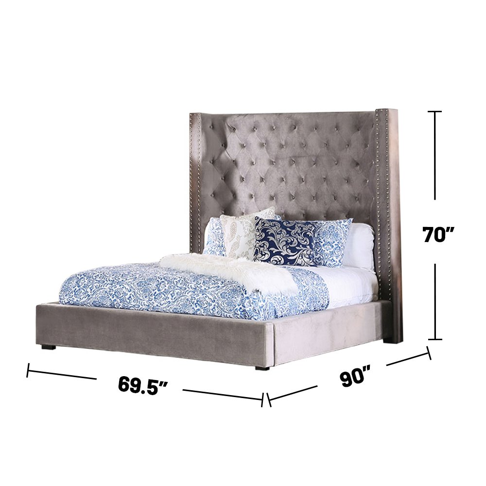 Velvet-like Fabric Queen Bed with Wingback Headboard in Gray
