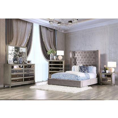 Velvet-like Fabric Queen Bed with Wingback Headboard in Gray