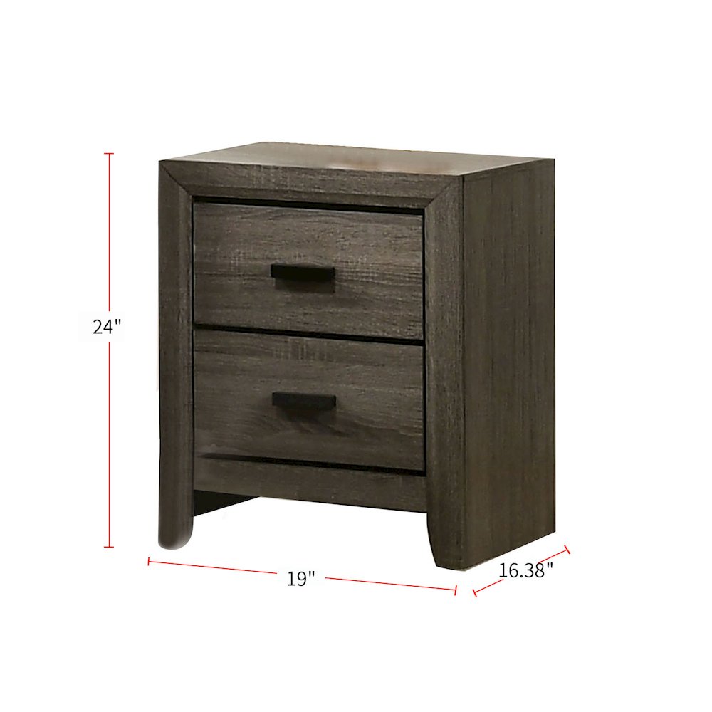 2 Drawers Wooden Nightstand With Black Rectangular Pulls, Gray