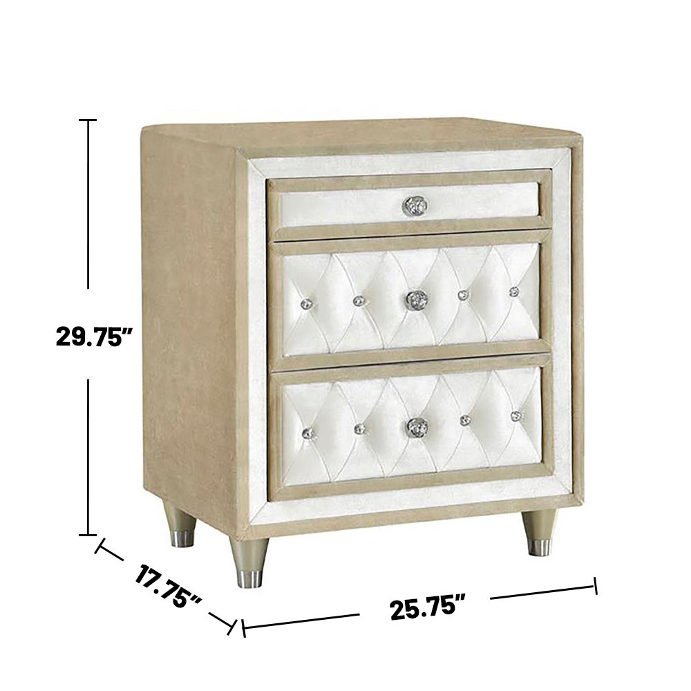 3 Drawers Velvet Nightstand in Ivory and Camel
