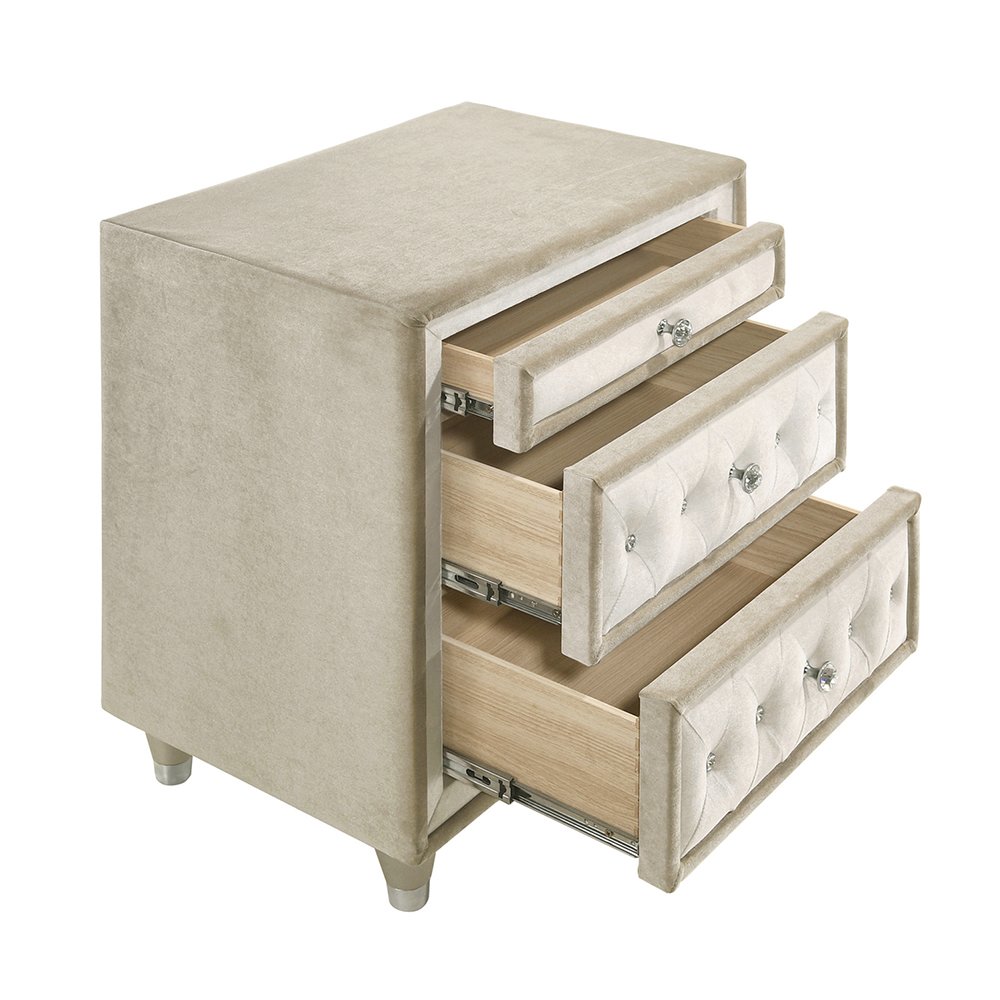3 Drawers Velvet Nightstand in Ivory and Camel