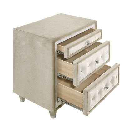 3 Drawers Velvet Nightstand in Ivory and Camel
