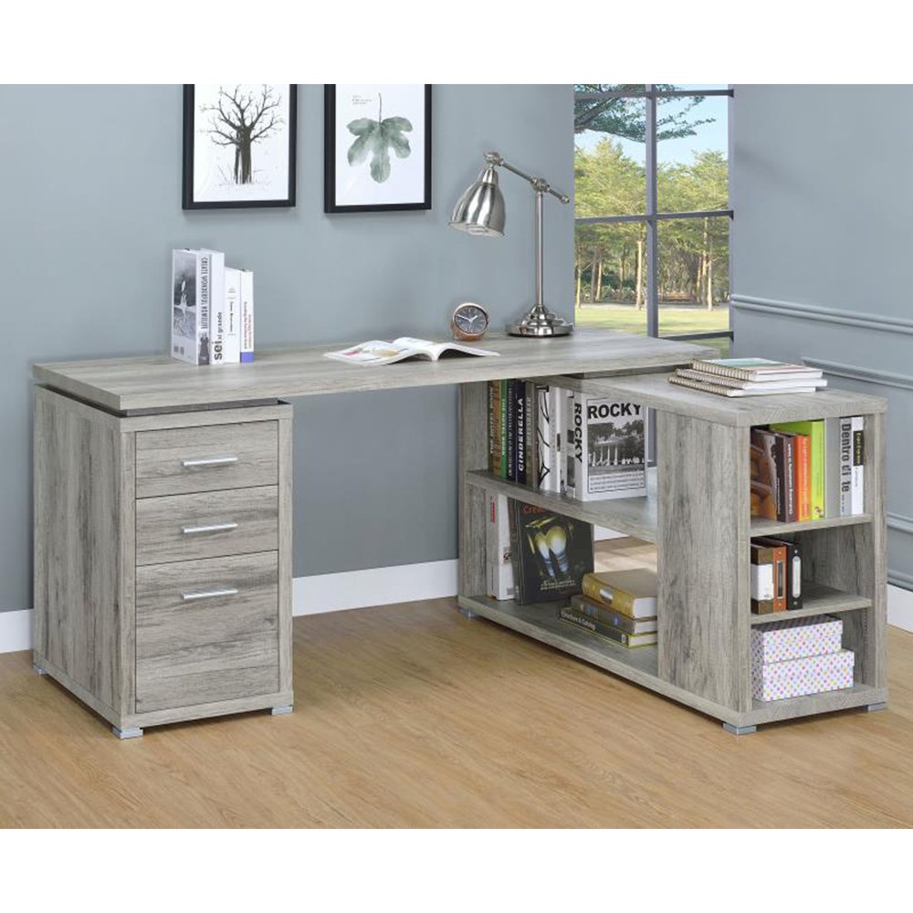 L-Shape Office Desk with 3 Drawers Grey Driftwood