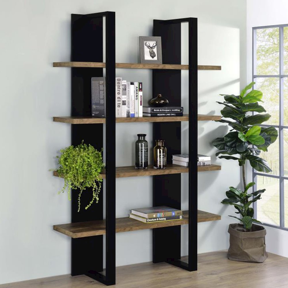 4-shelf Wood Bookcase in Aged Walnut and Black