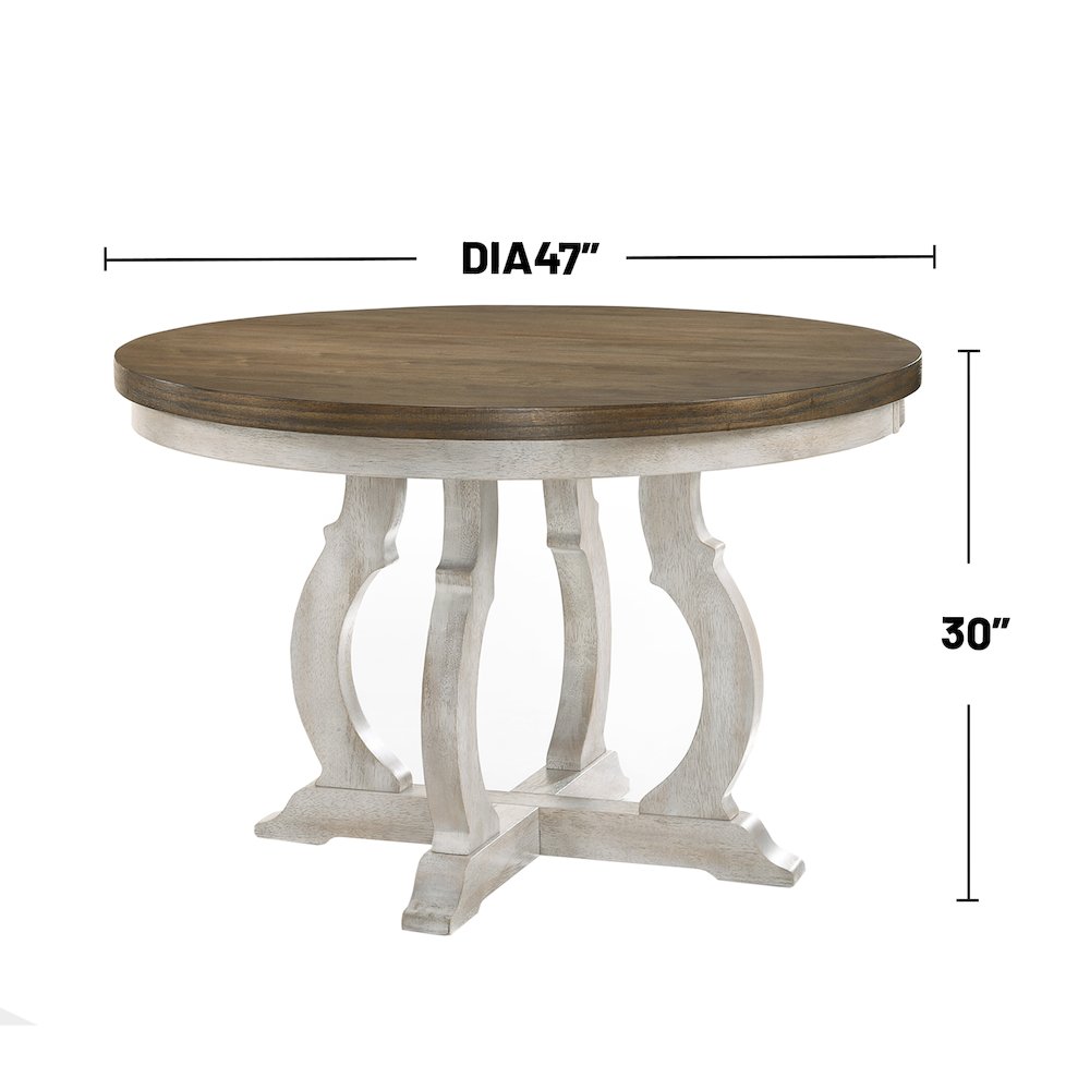 47-Inch Wide Round Dining Table in Vintage Walnut and Off White