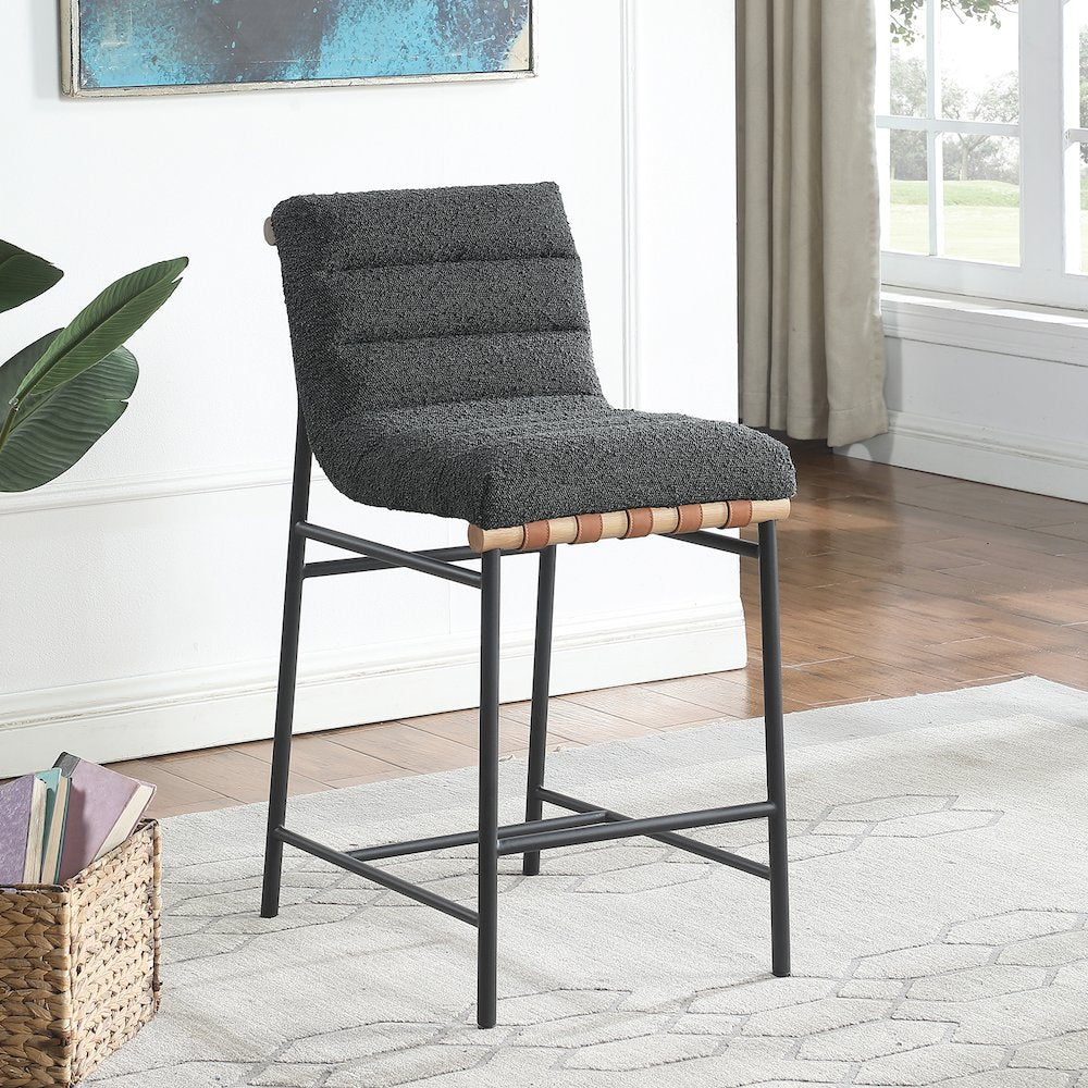 Boucle Fabric Counter Height Chair with Metal Base in Dark Gray