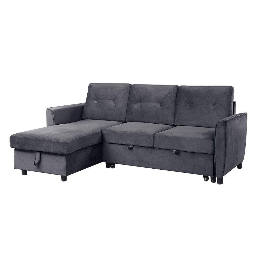 Velvet Reversible Sleeper Sectional Sofa with Storage Chaise in Dark Gray