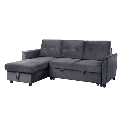 Velvet Reversible Sleeper Sectional Sofa with Storage Chaise in Dark Gray