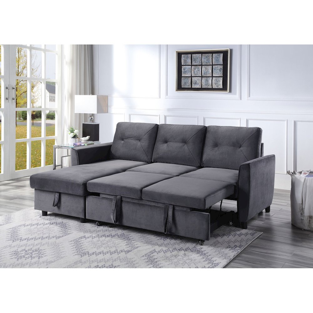 Velvet Reversible Sleeper Sectional Sofa with Storage Chaise in Dark Gray