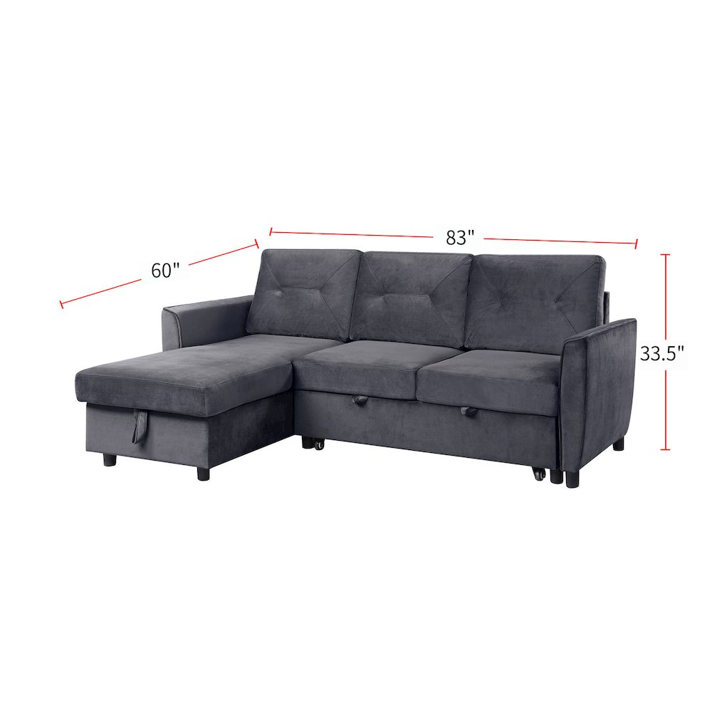 Velvet Reversible Sleeper Sectional Sofa with Storage Chaise in Dark Gray