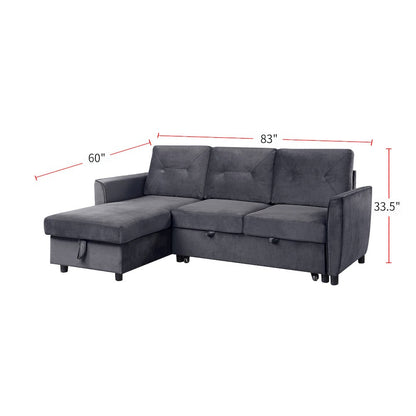 Velvet Reversible Sleeper Sectional Sofa with Storage Chaise in Dark Gray