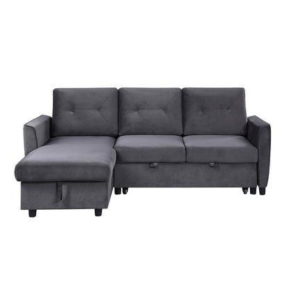 Velvet Reversible Sleeper Sectional Sofa with Storage Chaise in Dark Gray
