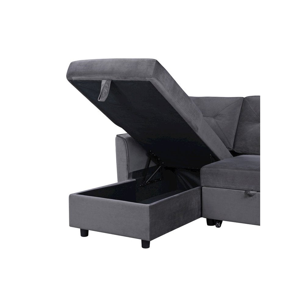 Velvet Reversible Sleeper Sectional Sofa with Storage Chaise in Dark Gray