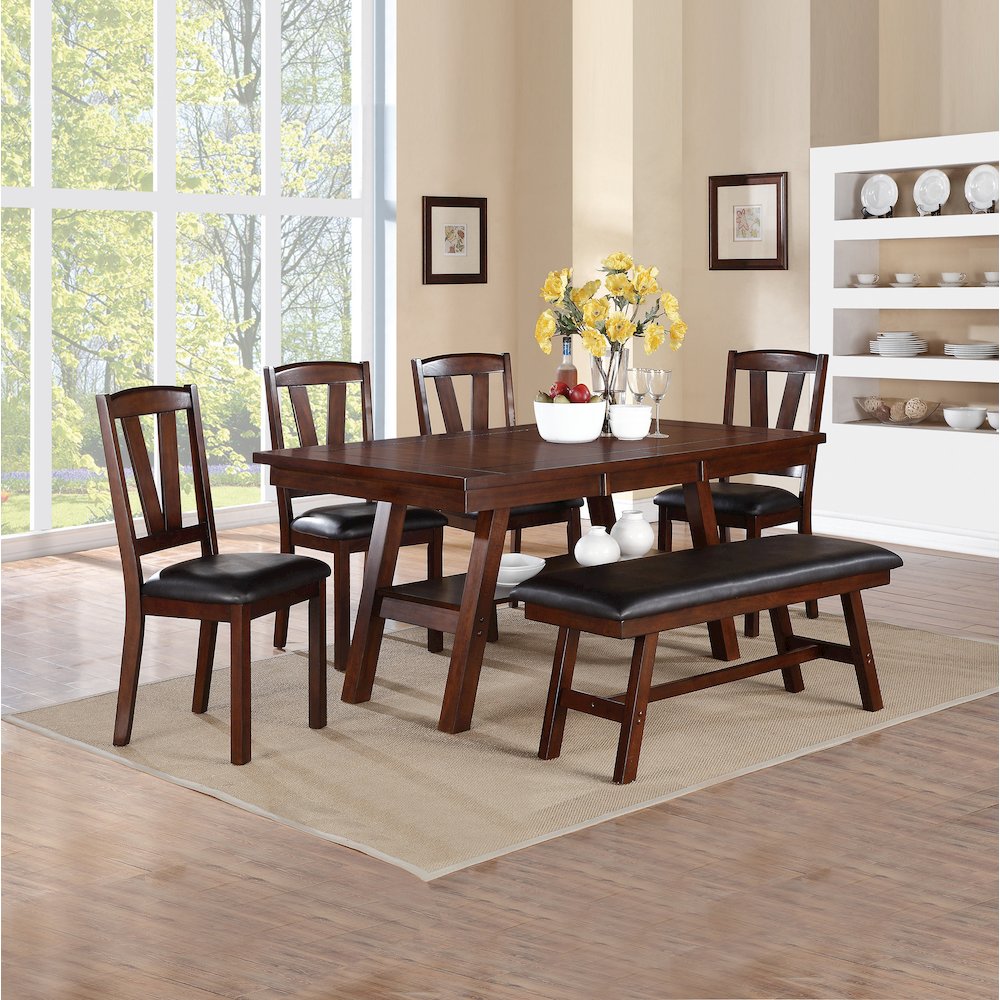 Black Faux Leather Dining Bench in Dark Walnut