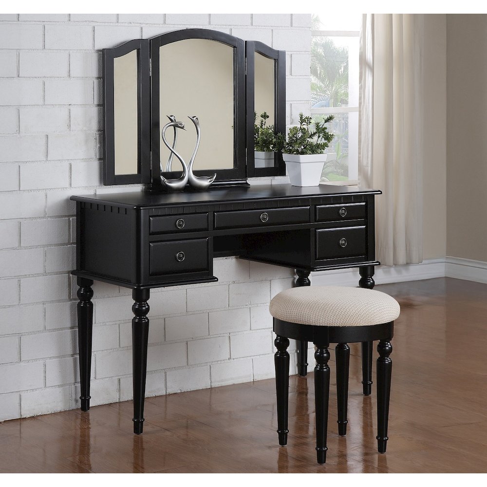 Vanity Set with Tri-Fold Mirror in Black