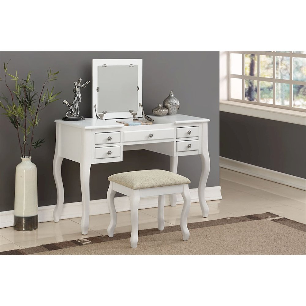 Flip-Up Mirror Vanity Set with Stool in White