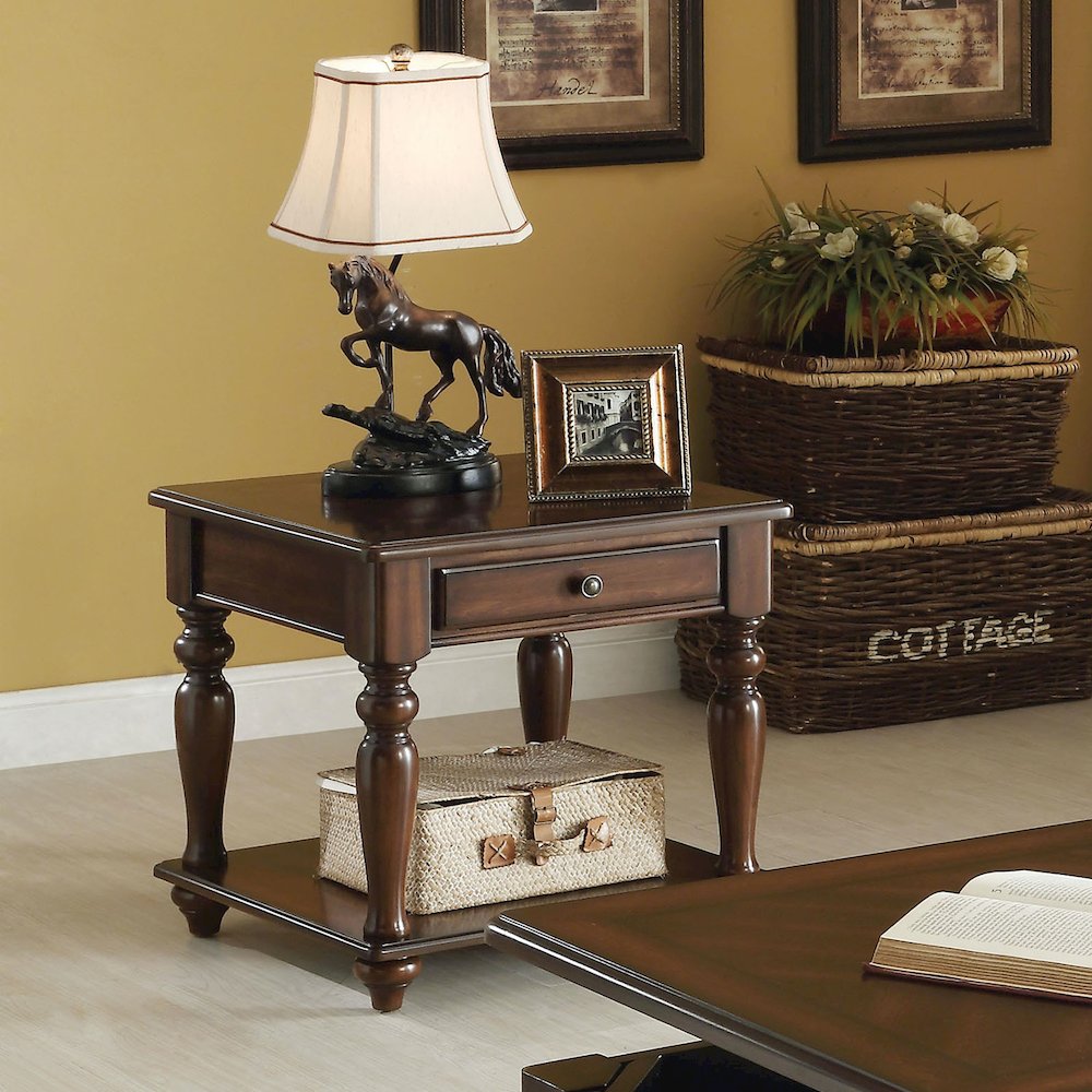 Wood End Table with Drawer and Shelf in Walnut