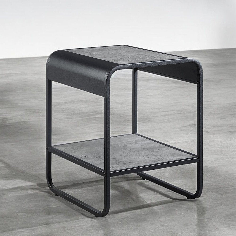 Rectangular End Table with Metal Frame in Concrete Gray and Black