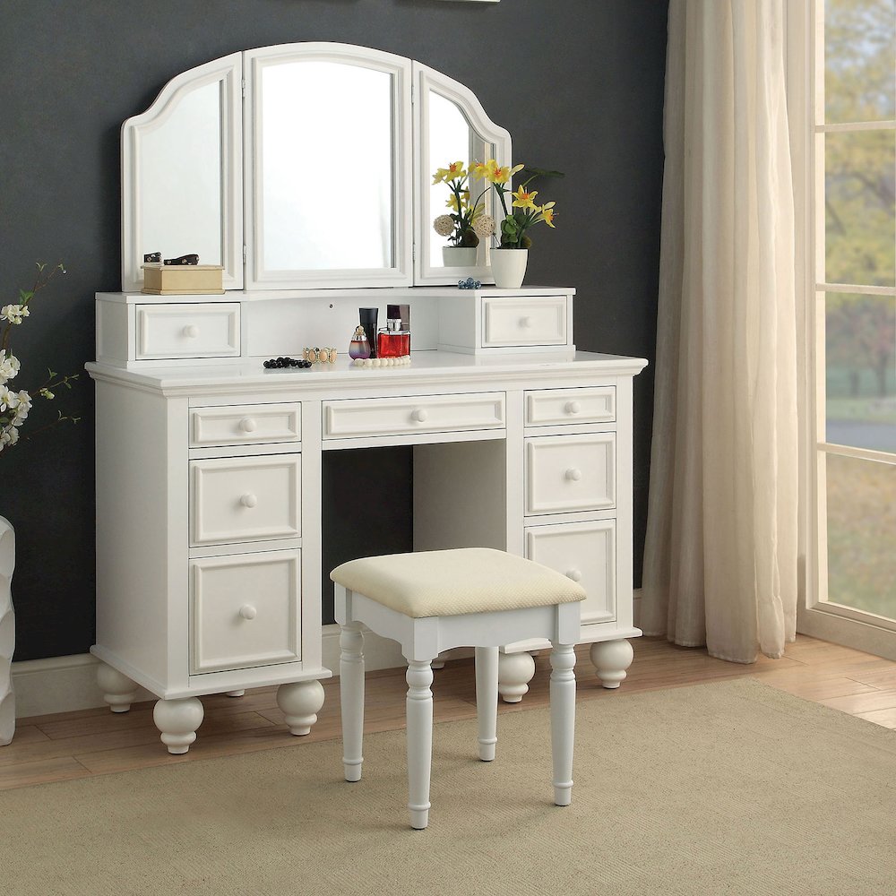 Wood Vanity Set with Stool in White