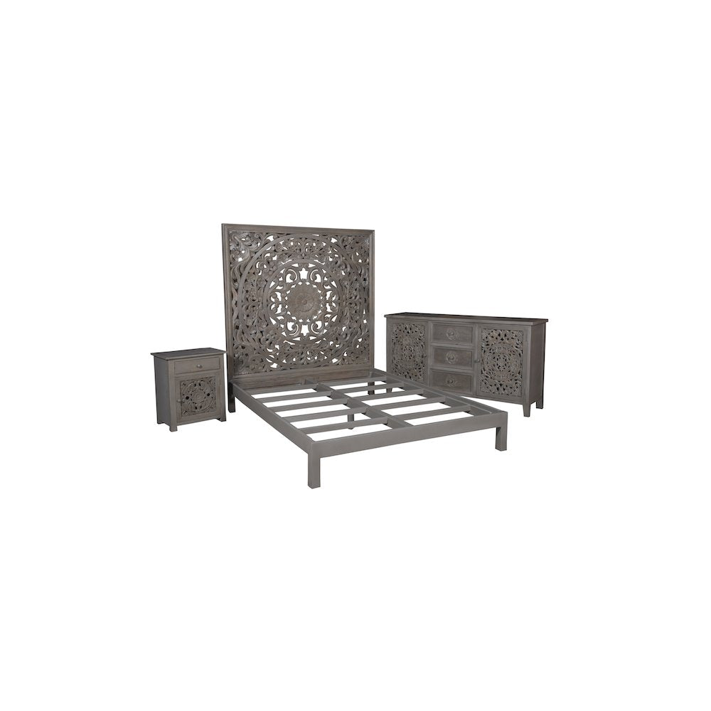 Porter Designs Mandala Hand Carved Motif Queen Bed, Gray