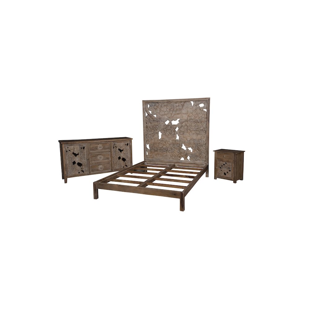 Porter Designs Dahlia Hand Carved Motif Queen Bed, Brown