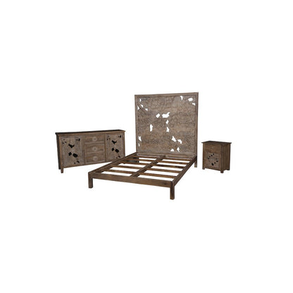 Porter Designs Dahlia Hand Carved Motif Queen Bed, Brown