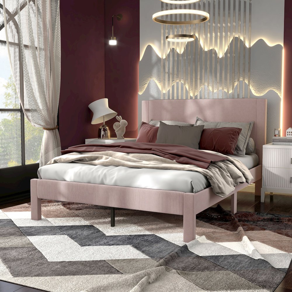 Dina Adult Queen Velvet Fabric Platform Bed, Pink