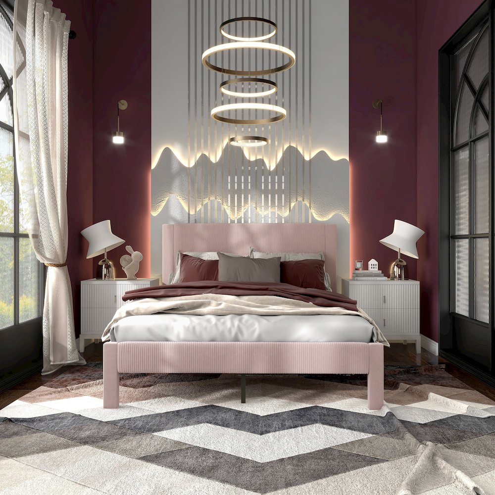 Dina Adult Queen Velvet Fabric Platform Bed, Pink