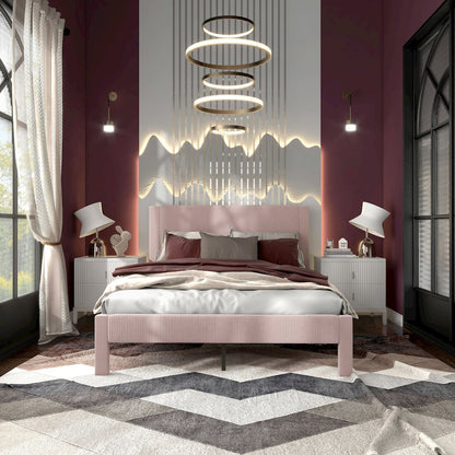 Dina Adult Queen Velvet Fabric Platform Bed, Pink