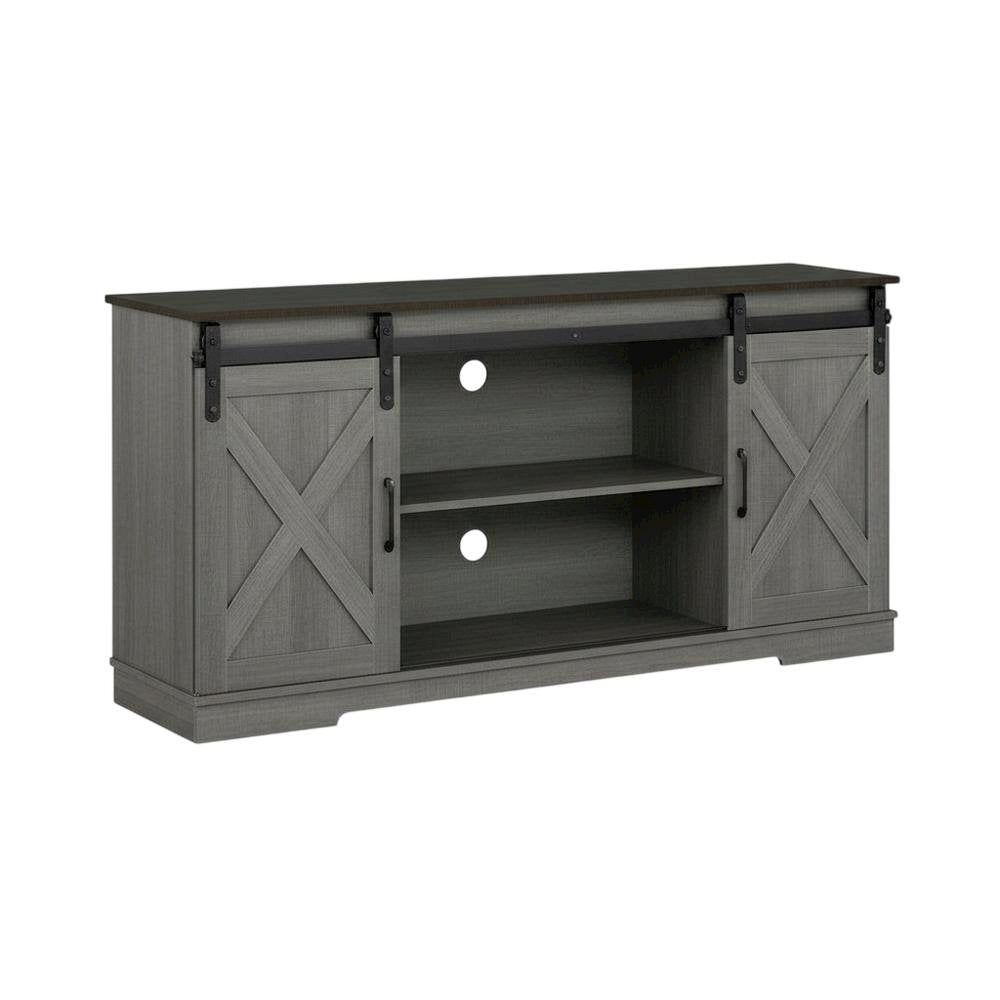 Grey farmhouse TV stand for 56-inch screens in engineered wood construction
