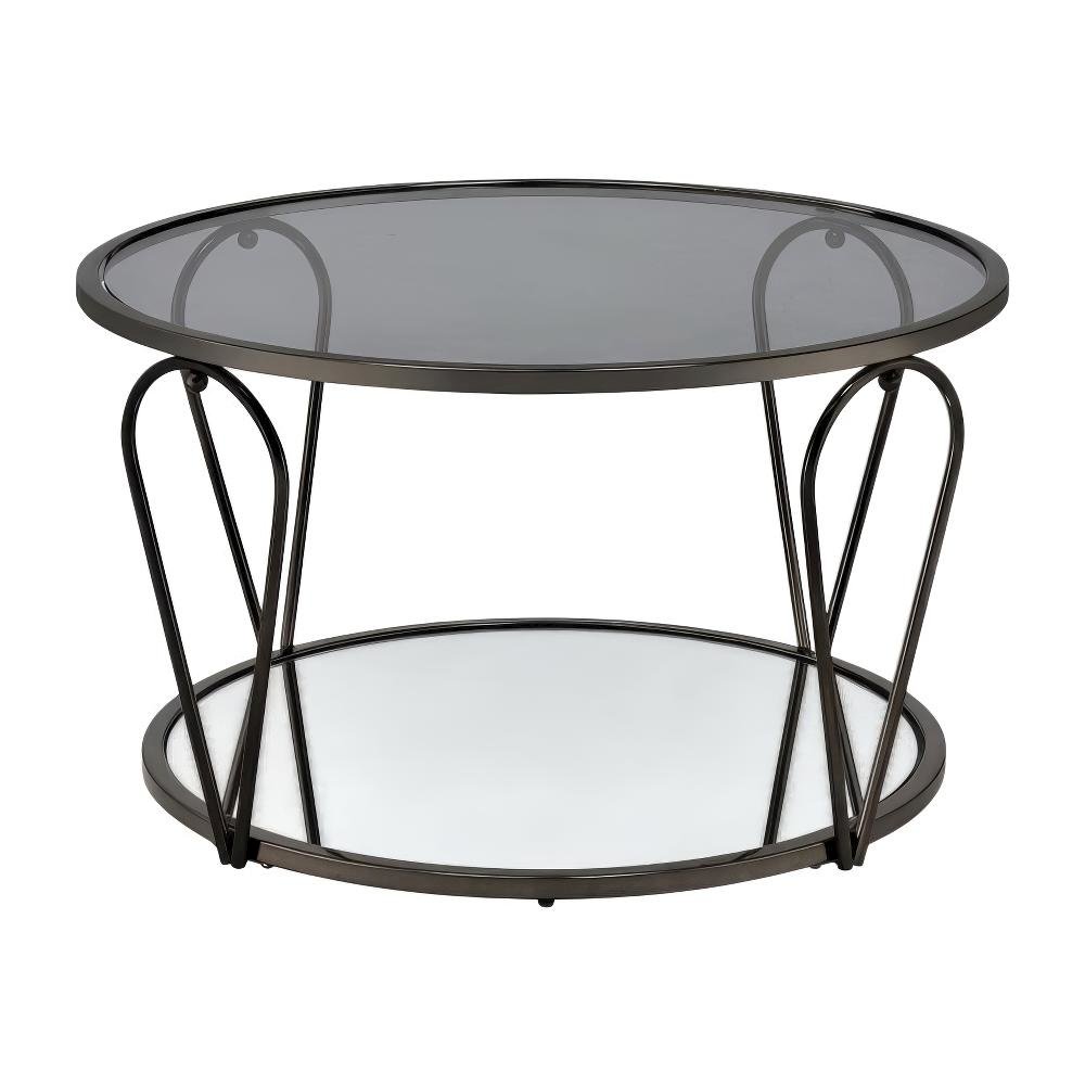 Gray Metal 1-Shelf Coffee Table with Tempered Glass and Mirror Accents