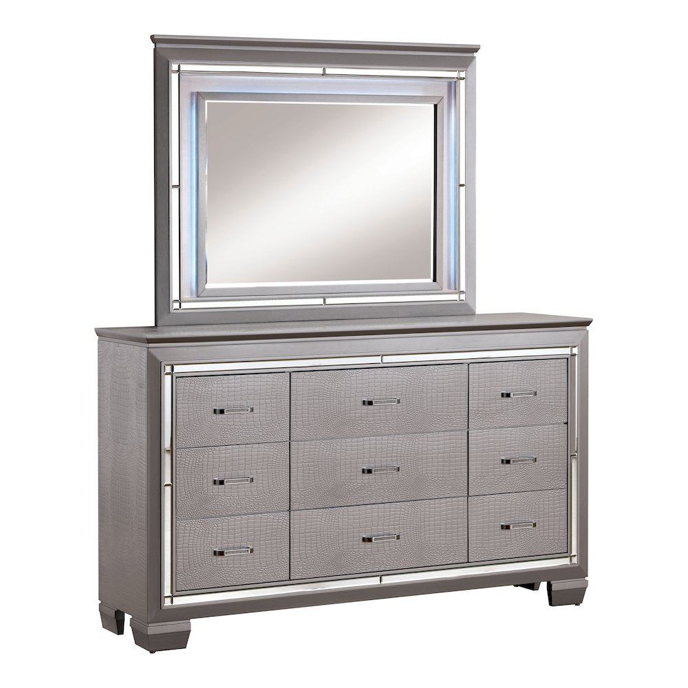 Rachel 2-Piece 9-Drawer Dresser and Mirror Set in Silver