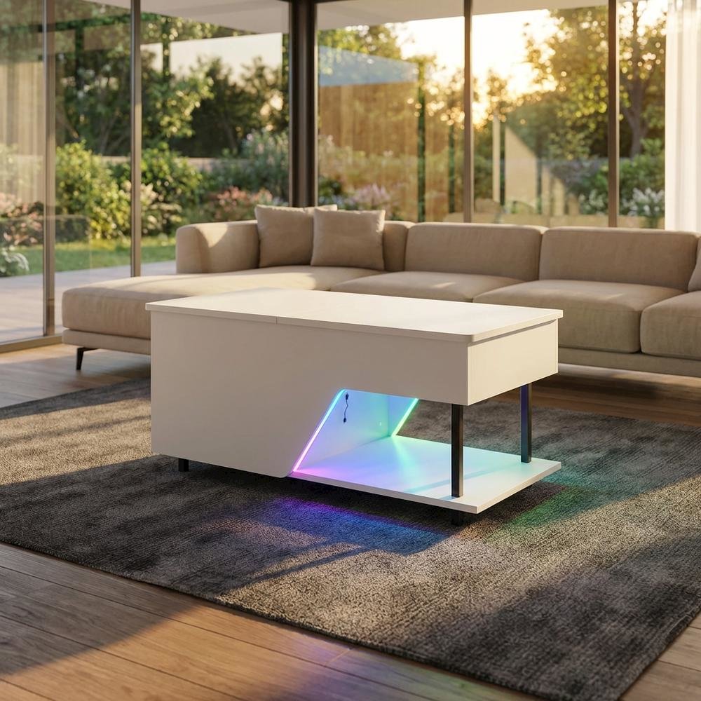 White Lift Top Outdoor Coffee Table With Rgb Led Light