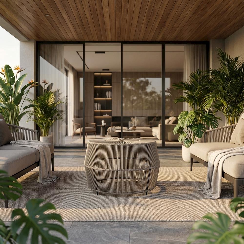 Wicker Outdoor Coffee Table with Round Design, Sturdy Build for Patio Relaxation